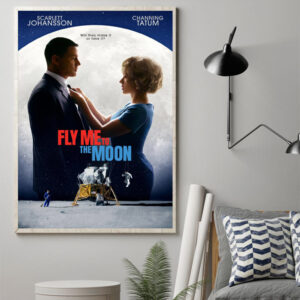 fly me to the moon official movie poster canvas featuring scarlett johansson and channing tatum 1