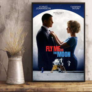 fly me to the moon official movie poster canvas featuring scarlett johansson and channing tatum